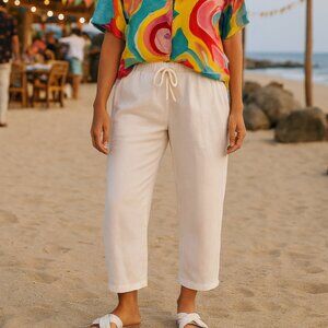 For Cynthia Womens Linen Blend Pants Medium White Cropped Ankle
